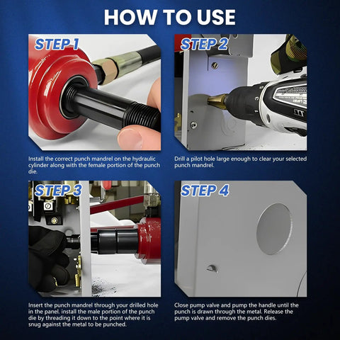 Hydraulic Knockout Punch Set 1/2 To 2 Inch For Conduit And Metal Sheet Holes, 8 Ton Alloy Steel Kit usage steps diagram