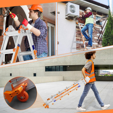 Telescoping A Frame Ladder 17 Ft With Wheels And Stabilizer Bar Multi Position Height 330 Lb Load Capacity Safe For Stairs Indoor Outdoor Roof Access Your DIY Hustle, aluminum ladder in use
