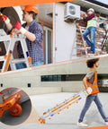 14 ft Multi Position A Frame Ladder with Stabilizer Bar and Wheels, Four Step Folding Ladder, 330 lb Load Capacity, Your Home Workhorse for Stairs and Indoor Outdoor Roof, Easy Roll, Heavy Duty Aluminum Construction, aluminum folding ladder shown on stairs, wall repair, and AC maintenance