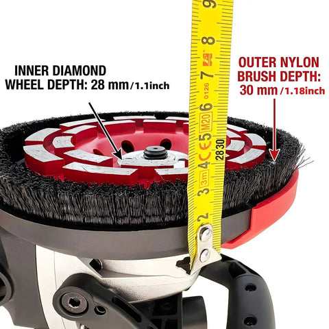 Pro Grade All In One Dust Shroud And Diamond Grinding Cup Wheel Kit for 4.5 to 7 Inch grinders, showing brush and wheel depth.