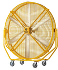 Heavy Duty 8 Foot Portable Industrial Fan With Smooth Rolling Caster Wheels, showcasing yellow steel guard and large blades.