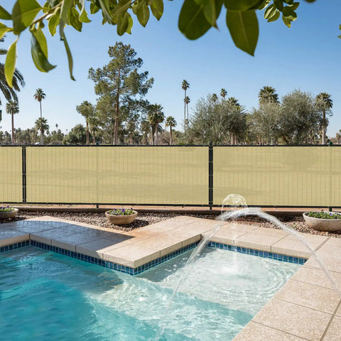 Beige Privacy Fence Screen 6 Foot By 50 Foot Outdoor Windscreen With Reinforced Grommets UV Blocking Privacy Barrier for garden poolside.