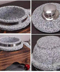 Heavy Duty Korean Granite Stone Bowl With Lid And Wood Base, 14cm diameter, ideal for rice cooker meals and Korean cuisine