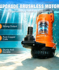 Plug And Play 1Hp Cordless Submersible Utility Pump Flows Like A Dream At 2113 Gph submerged in water, showcasing strong output and copper coils.