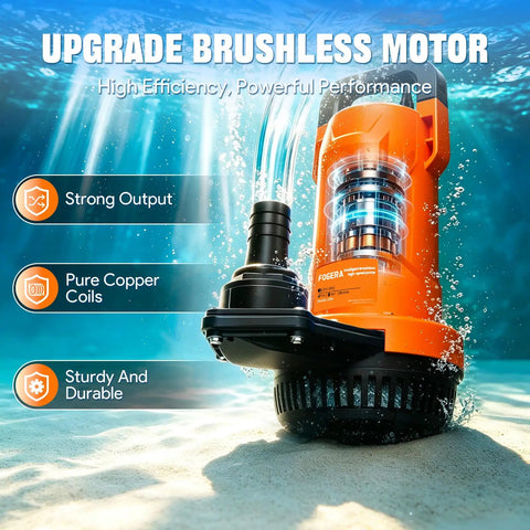 Plug And Play 1Hp Cordless Submersible Utility Pump Flows Like A Dream At 2113 Gph submerged in water, showcasing strong output and copper coils.