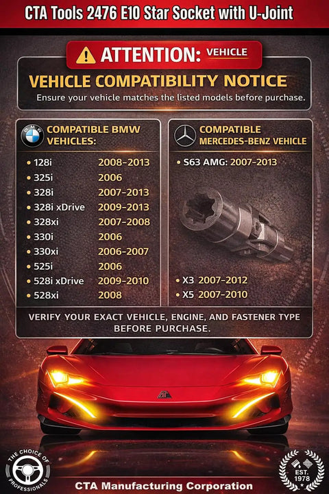Low Profile E Torx Star Socket With U Joint Quarter Inch Drive E10 compatibility chart for BMW and Mercedes models