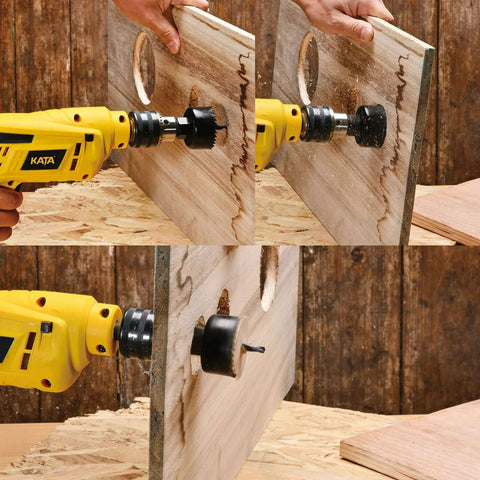KATA 6-piece hole saw kit with mandrels, 1-1/4 to 2-1/8 in (32–54 mm), used on plywood