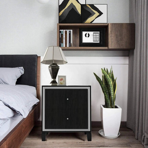 4.6L Digital Steel Safe With Electronic Lock For Home Or Office placed on wooden shelf in bedroom setting, includes keypad and keys.