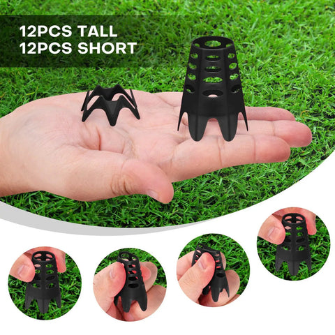 Hand holding 24 Pack Golf Simulator Tees For Indoor And Outdoor Practice Tall And Short Plastic Tees on grass background