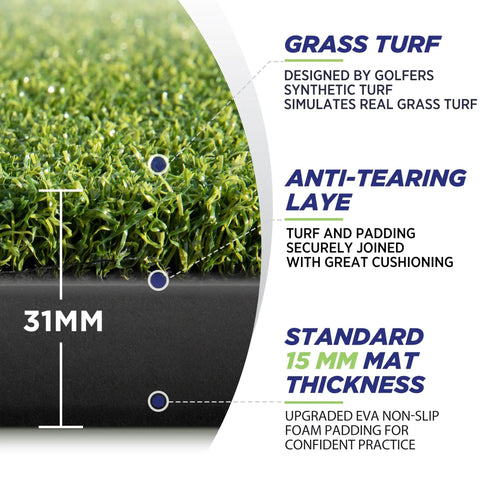 Close-up of 31mm dense elite surface on 5x4 Ft Golf Hitting Mat Set detailing grass turf, anti-tearing layer, and mat thickness.