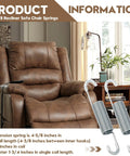 Heavy Duty Tension Spring Replacement For Recliner Sofa And Couch Chairs Quick Homebody Fix 4-5/8 Inch Overall Length Durable Steel Coil Build No Sweat Install Sweet Deal 2 Pack next to recliner with dimensions labeled