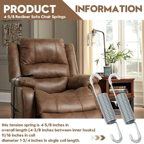 Heavy Duty Tension Spring Replacement For Recliner Sofa And Couch Chairs Quick Homebody Fix 4-5/8 Inch Overall Length Durable Steel Coil Build No Sweat Install Sweet Deal 2 Pack next to recliner with dimensions labeled