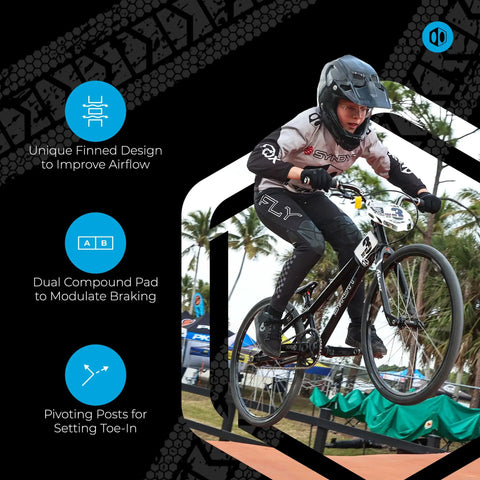 BMX cyclist jumping with 70mm BMX Brake Pads Matte Black With Pad Printing Dual Compound Rubber Pivoting Posts For Easy Toe In Adjustments
