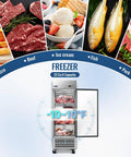 Tough As Nails 27 Wide Commercial Freezer 23 Cubic Ft Stainless Steel Reach In Upright Freezer displaying meats, ice cream, and pizza.