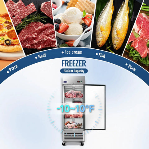 Tough As Nails 27 Wide Commercial Freezer 23 Cubic Ft Stainless Steel Reach In Upright Freezer displaying meats, ice cream, and pizza.
