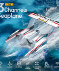 Amphibious RC Plane For Water Land And Air, 3 Channel Remote Control Glider flying over water, showing waterproof hull