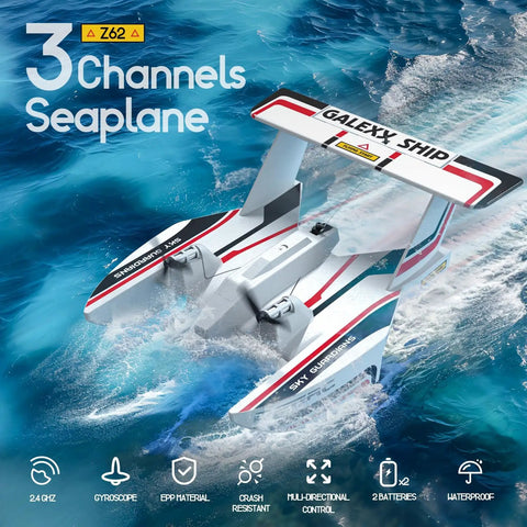 Amphibious RC Plane For Water Land And Air, 3 Channel Remote Control Glider flying over water, showing waterproof hull