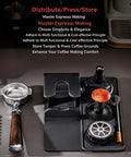 The Real Deal 5 Piece Espresso Tamping Station Kit With Spring Loaded Tamper Weighted Coffee Distributor WDT Needle Tool And Cleaning Brush Pro Barista Storage Base Universal Fit on a dark surface.