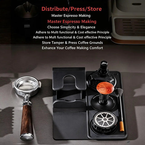 The Real Deal 5 Piece Espresso Tamping Station Kit With Spring Loaded Tamper Weighted Coffee Distributor WDT Needle Tool And Cleaning Brush Pro Barista Storage Base Universal Fit on a dark surface.