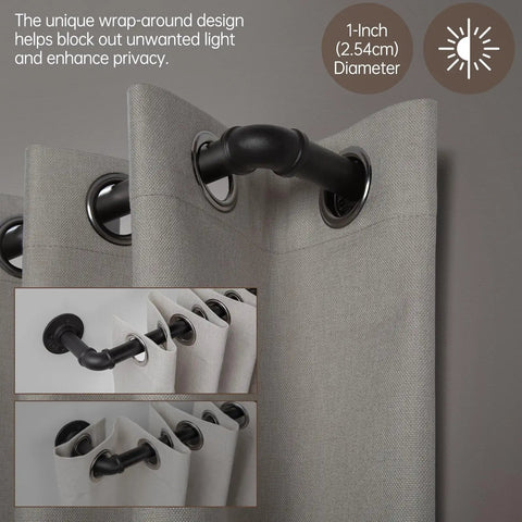 Heavy Duty 1 Inch Industrial Wrap Around Curtain Rod In Black, Adjustable 32 To 48 Inches, installed with curtains
