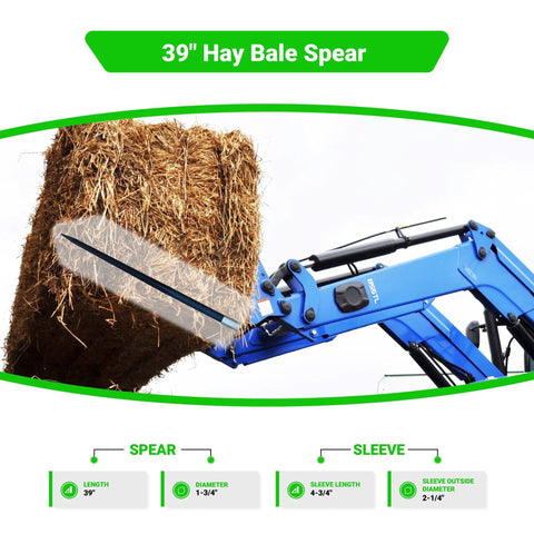 39 Inch Hay Bale Spear With 3000 Lb Capacity Heavy Duty Square Forged Bale Spike Weld In Sleeve One And Three Quarters Inch Conus Mount Tapered Tip Hex Nut For Easy Penetration And Quick Bale Handling