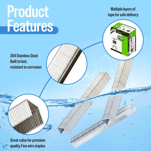 304 Stainless Steel No Fuss Heavy Duty 21 Gauge Half Inch Crown Upholstery Staples for furniture repair, showcasing product features.