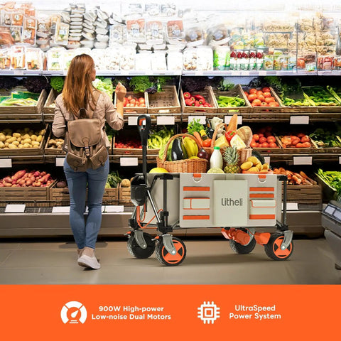 Beast Electric Utility Wagon Cart With 150L Capacity And 450 Lb Load carrying groceries in a supermarket.