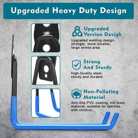 Heavy Duty Steel Garage Hooks With Anti Slip PVC Coating 4 Pack Large Tool Hangers For Garden Tools In Blue packaging details