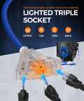 Retractable Extension Cord Reel With 45 Ft 12 Gauge SJTOW Cord 3 Grounded Outlets Lighted Triple Tap 15 Amp Circuit Breaker UL