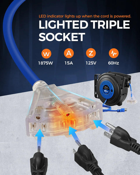Retractable Extension Cord Reel With 45 Ft 12 Gauge SJTOW Cord 3 Grounded Outlets Lighted Triple Tap 15 Amp Circuit Breaker UL