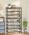 Heavy Duty 8 Tier Metal Shoe Rack Organizer That Holds 32 Pairs With Adjustable Shelves And Rustic Wood Top in black and brown