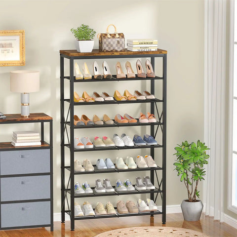 Heavy Duty 8 Tier Metal Shoe Rack Organizer That Holds 32 Pairs With Adjustable Shelves And Rustic Wood Top in black and brown