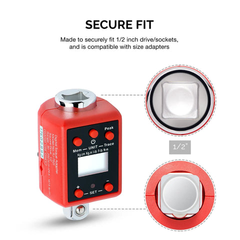 Half Inch Digital Torque Adapter Converts Any Ratchet Into a Precision Torque Wrench With a Digital Gauge, close-up view.