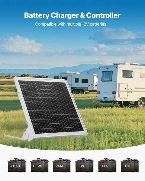 20W 12V Solar Battery Trickle Charger Maintainer With Built In MPPT Controller Mono Solar Panel in field with RVs