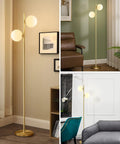 Mid Century Modern Floor Lamp With Built In LED Gold Globe, Stepless Pedal Dimmer, Two Frosted Glass Shades in brass finish