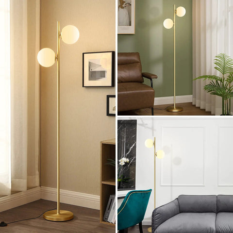 Mid Century Modern Floor Lamp With Built In LED Gold Globe, Stepless Pedal Dimmer, Two Frosted Glass Shades in brass finish