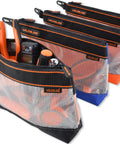 Clear Tool Pouch Set With Zipper, 13 inch pouches, see through tool bags displaying small hand tools, DIY gear, four pack organizers