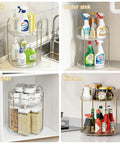 360 Degree Rotating Makeup Organizer Two Tier No Brainer Large Capacity Tray used for cleaning supplies on sink and kitchen counters.