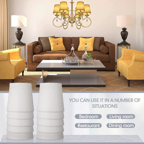 Pack Of 10 White Linen Barrel Lamp Shades For Chandeliers And Table Lamps 4 Inch Top Diameter 5 Inch Bottom Diameter 5 Inch Height displayed in a living room setting with chandelier.