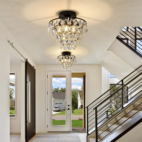 Modern Small Crystal Ceiling Light Fixture In Matte Black Semi Flush Mount Mini Chandeliers For Hallways Bedrooms Bathrooms Closets And Foyers Easy Install And Chic Glow in a bright foyer setting with natural light