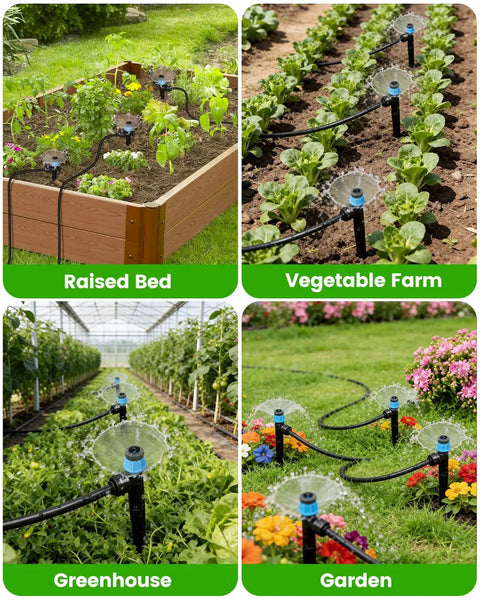 Raised bed, vegetable farm, greenhouse, and garden using 36 Pack Quick Connect Drip Irrigation Emitters With Adjustable 360 Degree Sprinklers