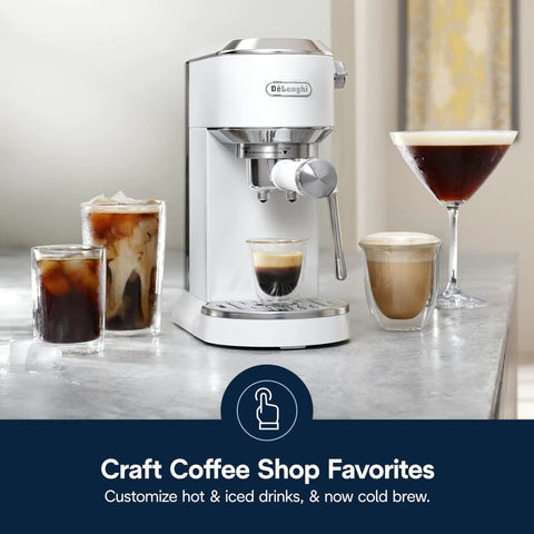 Compact Espresso And Cold Brew Coffee Maker Featuring Built In Milk Frother Wand For Next Level Iced Lattes Smooth Hot Drinks And Straight Up Barista Quality Blends Daily on a countertop with various drinks.