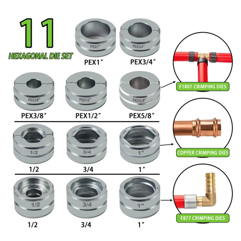 Heavy Duty Pipe Press Tool For Copper And PEX Crimping Hydraulic Crimp Tool With F1807 And F877 Standards 11 Die Set, 1/2 to 1 in dies