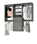 Top Shelf Grey Closet Organizer Kit Measuring 67.5 Inches Across with double hanging rods and four drawers, perfect for clothing storage.