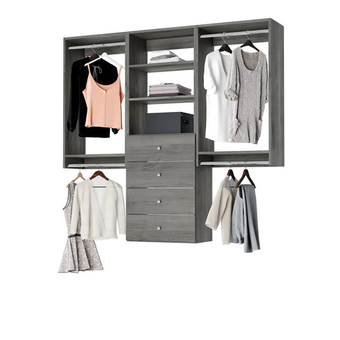 Top Shelf Grey Closet Organizer Kit Measuring 67.5 Inches Across with double hanging rods and four drawers, perfect for clothing storage.