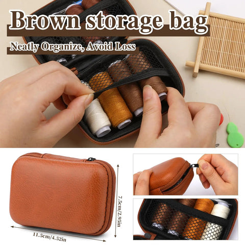 Hair Needle And Thread Kit With Eight Rolls Of Hair Extension Thread And Eighteen Needles In Brown Travel Case