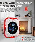 Must-Have Plug-In 4-In-1 Carbon Monoxide And Combustible Gas Detector with Temp and Humidity Sensor showing alarm in living room.