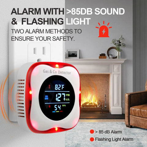 Must-Have Plug-In 4-In-1 Carbon Monoxide And Combustible Gas Detector with Temp and Humidity Sensor showing alarm in living room.