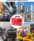 Real Heavy Duty Steel Lockout Tagout Group Lock Box 4 Pack With 12 Padlock Slots Built Like A Tank For Crew Safety And Site Compliance Boss Approved Red Workstation For Everyday Grind displayed in industrial setting.