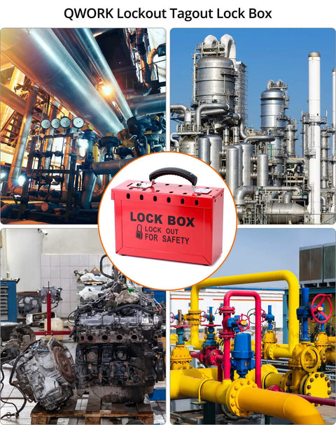 Real Heavy Duty Steel Lockout Tagout Group Lock Box 4 Pack With 12 Padlock Slots Built Like A Tank For Crew Safety And Site Compliance Boss Approved Red Workstation For Everyday Grind displayed in industrial setting.